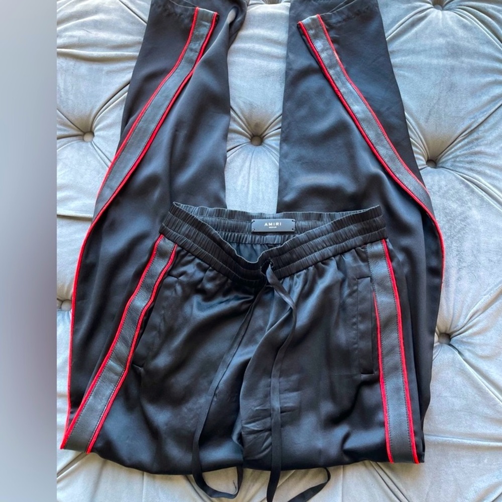 - New 🆕 AMIRI wide high waisted EXTRA LONG DRAWSTRING LEATHER stripe BLACK… - Picture 11 of 13